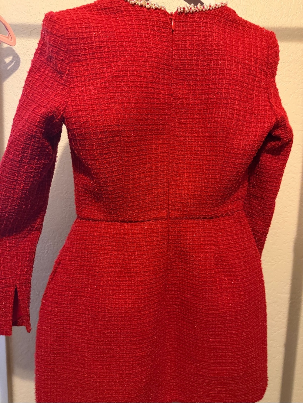NADINE MERABI Red Tweed Pearl-Trim Long Sleeve Mini Dress - Picture 3 of 7